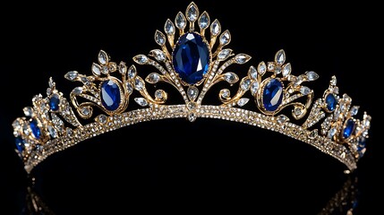 Luxury tiara with blue gems on a black background.