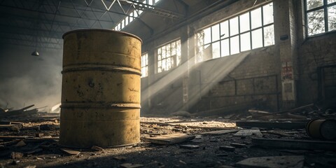 Abandoned Industrial Building: Rusty Khaki Barrel in Decaying Warehouse