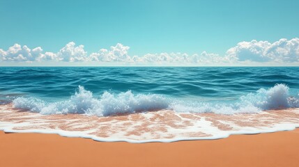 Tranquil beach with gentle waves, blank sky for text, minimalist style