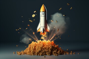 Fototapeta premium Rocket launching from a pile of coins, representing successful investment, wealth growth, and financial freedom
