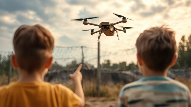 Two curious children observe a flying drone against a picturesque sky, exemplifying the blend of technology and childhood wonder in today’s adventurous world.