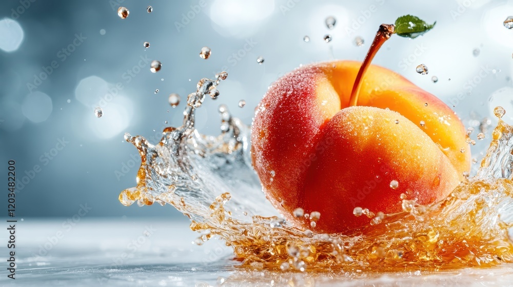 Poster a vibrant, juicy peach splashes into water, creating dynamic droplets and an enchanting bokeh effect