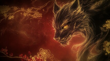 Naklejka premium Golden Wolf Mystical Blossom Art Red Background