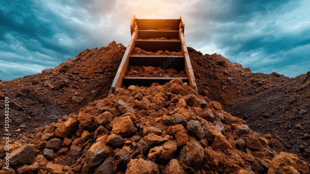 Aufkleber this image features a staircase rising from a mound of earth under a dynamic sky, evoking themes of 
