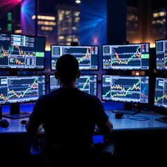 Focused Professional Trader Working with Multiple Screens in Urban Setting