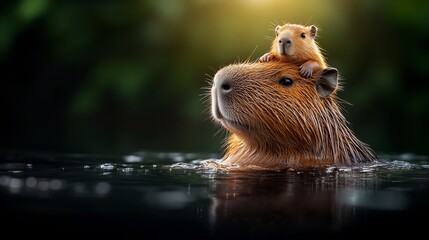 Cute rodent playfully perched atop a larger aquatic mammal gently swimming in warm golden light. AI Generated