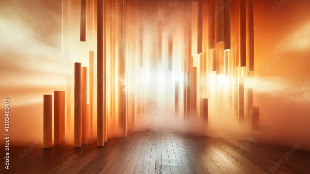 Poster dramatic wooden elements interact with soft light, creating a mesmerizing visual experience, invitin