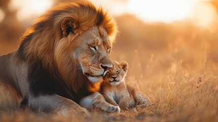 Obraz premium A stunning image of a majestic lion with a playful cub nestled beside it, showcasing a beautiful sunset setting that highlights the warmth and connection between them.
