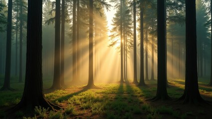 Obraz premium Sunrise in a pine forest with sun rays