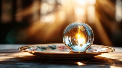 This captivating image showcases a shimmering glass sphere sitting on a floral plate while reflecting a beautiful sunset, surrounded by soft ambient lighting outdoors in nature.