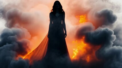 Enigmatic silhouette of woman amidst magical smoke and fiery glow