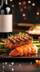 Juicy steak and lobster tail sizzle beautifully bathed in warm golden light. AI Generated