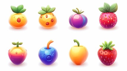 Bright and Colorful Cartoon Fruit Collection Featuring Iconic Designs of Orange, Strawberry, Blueberry, and More in a Vibrant, Playful Style Ideal for Fun Illustrations