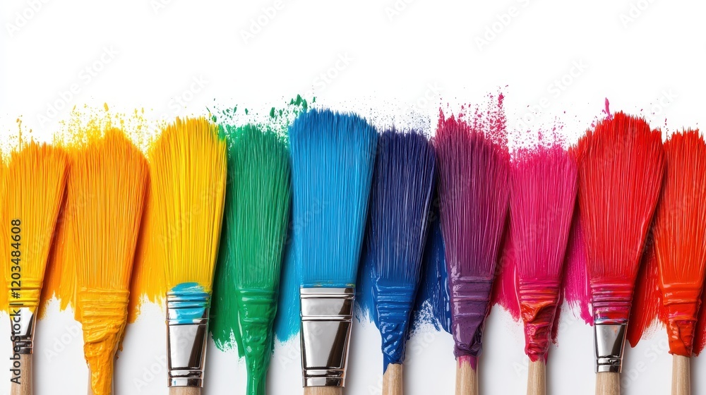 Poster A beautifully arranged collection of colorful paintbrushes brings forth a vivid array of hues, symbolizing the diversity and richness of artistic expression and creativity.