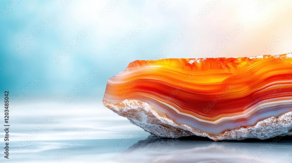 Poster this image showcases an exquisite orange agate slice against a soft blue backdrop, emphasizing its r