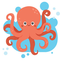 Cute smiling octopus isolated on white background. Funny underwater pink animal with eight tentacles. Childish character. Vector flat cartoon illustration.