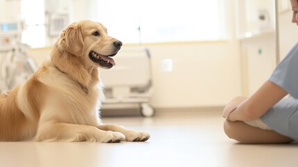 Therapy dog brightening hospital playroom, fostering joy in recovery, uplifting interactions, cozy atmosphere, animal-assisted healing moments