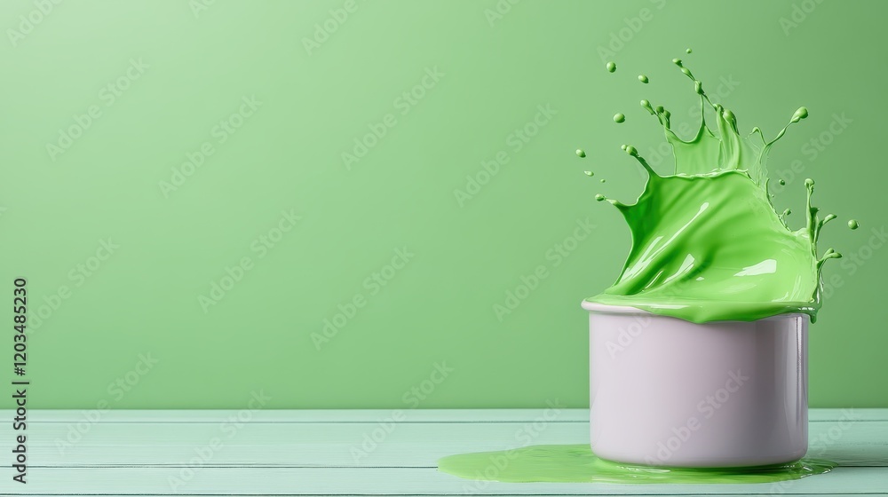 Poster a visually stimulating image of green paint splashing out of a container, symbolizing creativity and
