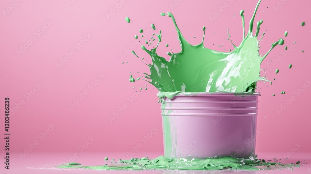 Poster a pink container dynamically ejects a splash of green paint against a pink background, capturing the