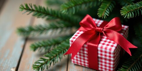 A festive red and white gingham gift box with a satin ribbon rests on a rustic wooden surface adorned with evergreen boughs.