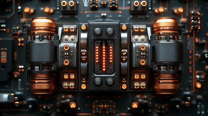 Futuristic control panel with glowing orange indicators and digital display against dark background. Industrial technology interface with LED lighting