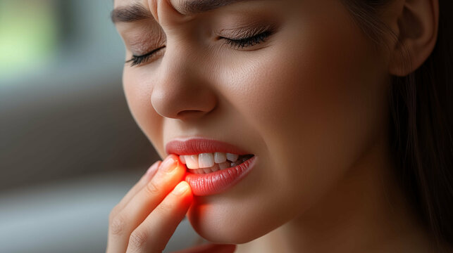 Woman touching sensitive teeth expressing dental pain and discomfort in natural lighting. Close-up of female patient showing signs of tooth sensitivity and gum problems