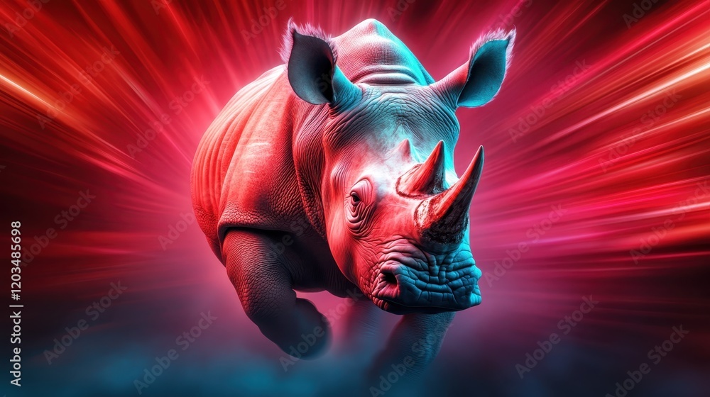 Poster this vivid image captures a rhinoceros depicted in a surreal, colorful motion, emphasizing speed and
