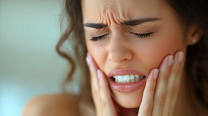 Young woman experiencing jaw pain touching face with both hands against blurred background. Female showing signs of dental discomfort and tension