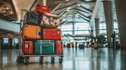 Fototapeta premium A luggage cart stacked with suitcases in a busy airport terminal.
