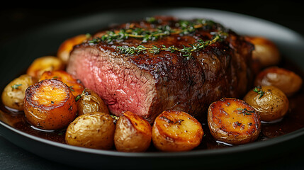 Medium rare beef tenderloin steak with roasted potatoes and fresh herbs on black plate. Gourmet dinner with perfectly cooked meat