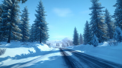 Fototapeta premium Snowy Winter Road in a Mountain Landscape