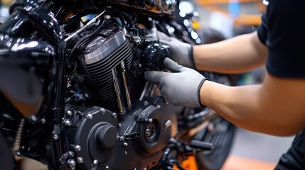 Obraz premium A mechanic cleaning the area around the oil filter housing before installation.