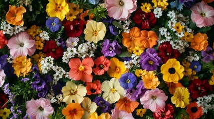 An enchanting arrangement of diverse flowers bursts to life, showcasing a vivid palette of colors in a lush spring setting. This floral collage captures the essence of renewal and joy