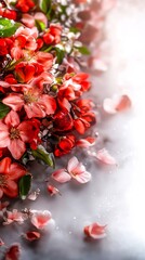 Vibrant red blossoms softly illuminated delicate petals scattered subtly. AI Generated