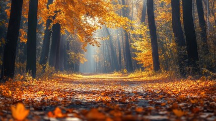 Fototapeta premium Autumn sunlight filters through trees along a tranquil path covered in vibrant orange and yellow leaves
