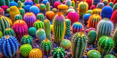 Fototapeta premium Aerial View of Vibrant Rainbow Cactus Collection - Colorful Succulent Garden