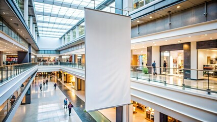 Blank White Banner Hanging in Modern Shopping Mall - Perfect for Advertisement