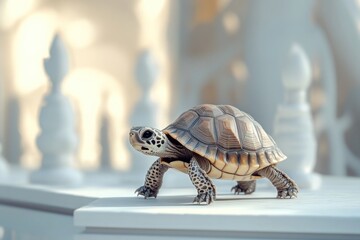 Obraz premium A tiny turtle walking across a white platform, its shell intricately patterned.
