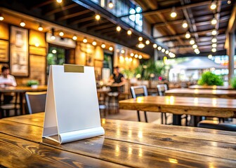 Blank Menu Frame Mockup: Rustic Bar Restaurant Table Setting with White Paper & Acrylic Tent Cards