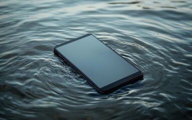 A premium smartphone with a large blank display, floating on a calm water surface with soft ripples around, eco-friendly backdrop