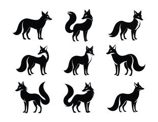 A grid of stylized fox illustrations in various poses and colors-Elegant Fox Silhouette Vector Illustrations in Black and White