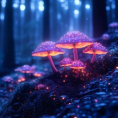 Enchanting night forest with glowing pink and purple mushrooms their light casting a mystical glow across the landscape set against a dreamy blue bokeh background to evoke a sense of wonder