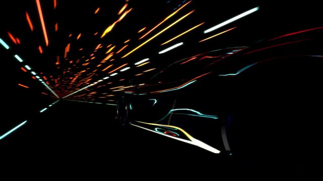 3D Speeding Sports Car On Neon. Powerful Acceleration Of A Supercar On A Night Track With Colorful Lights And Trails. 3D Animation