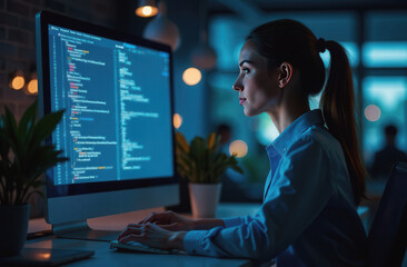 Businesswoman analyzes market trends growth chart.