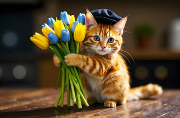Funny ginger kitten in a black cap holds blue and yellow tulips in his paws.