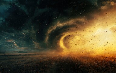 Naklejka premium A powerful tornado spiraling down from a dark cloud, moving across an open field