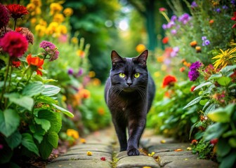 Curious Black Cat on Garden Path - Macro Photography Stock Photo