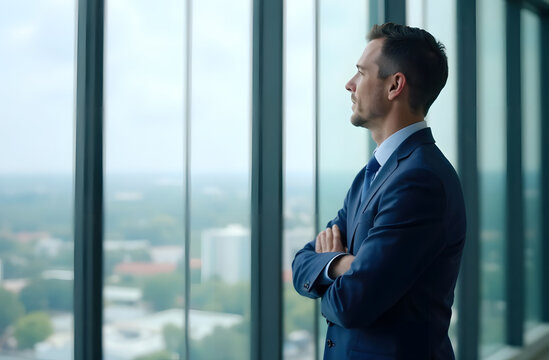 A tired businessman looks out a large window with his arms crossed.