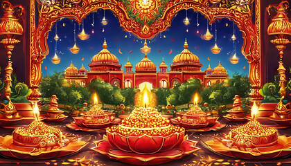 Fototapeta premium Illustration of lanterns and candles for Diwali festival.