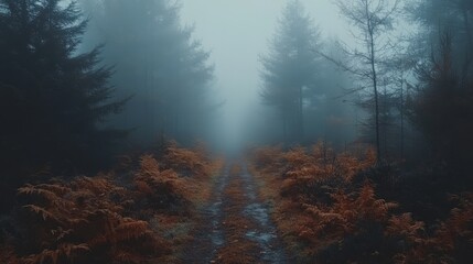 Obraz premium Eerie foggy path through a mysterious forest with tall dark trees and orange ferns along the trail creating a moody scene